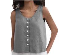 Vest Tops Women UK Summer Sleeveless T-Shirt Fashion Button Down Crew Neck Blouse Tees Solid Cotton Linen Loose Fit Tops Vacation Lightweight Comfy Clothes