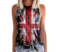 Vest Tops Women UK Union Jack Vest Top Summer Casual Union Jack Tank Tops Round Neck Sleeveless Shirts Summer Casual Loose Fit Basic Beach Blouse T Shirts Vest for Women UK