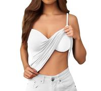Vest Tops Women UK with Adjustable Spaghetti Vest Top with Built in Bra UK Breathable Basic Camisole Vests V Neck Stretchy Soft Underwear Solid Push Up Bralette Women's Camisoles White