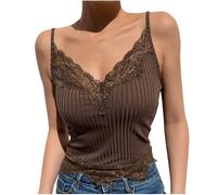 Vest Tops Women UK Women's Lace Rib-Knit Spaghetti Strap Tunic Camisole Top Crop Ribbed Workout Gym Yoga Tank Tops Y2k Summer Basic Tank Top Camisole Coffee