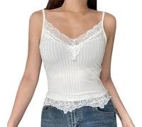Vest Tops Women UK Women's Lace Rib-Knit Spaghetti Strap Tunic Camisole Top Crop Ribbed Workout Gym Yoga Tank Tops Y2k Summer Basic Tank Top Camisole White