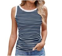 Vest Tops Women UK Womens Summer Striped Contrast Color Ribbed Vest Crew Neck Sleeveless Solid Tank Tops Party Streetwear Loose Cami Top Navy