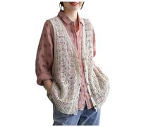 Vest Women Hollow Lace Boho Cardigan Single Breasted Crochet Gilet Sleeveless V-Neck Open Front Hippie Cardigan Vintage Button Down Crop Top Jacket Retro Draped Cover Up Summer Tank (Beige, One Size)