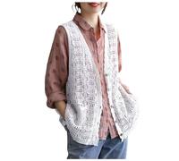 Vest Women Hollow Lace Boho Cardigan Single Breasted Crochet Gilet Sleeveless V-Neck Open Front Hippie Cardigan Vintage Button Down Crop Top Jacket Retro Draped Cover Up Summer Tank (White, One Size)