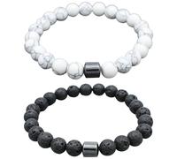 Vestamore 2 Pcs Lava Stone Bracelets for Men and Women, 8 mm Hematite Stone Beaded Bracelet for Men with Strong Attachment Force, Natural Gemstone Couple Jewelry, Black and White Set