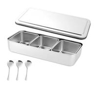 Vestamore 3-Compartment Stainless Steel Seasoning Container, 13 x 5.9 x 2.8 in, with Lid & Spoons, Spice Organizer for Ice Powder, Fruit, Condiment Display, Commercial Use
