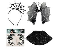 Vestamore 4 Pcs Halloween Costume Set, Mesh Bat Wings, Spider Web Headband, Face Gems, Spider Web Wings, for Halloween Party