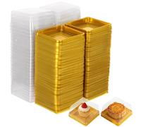 Vestamore Cake Box Set 100 Pcs, Clear Plastic Container, 3 X 1.6 In, Gold Tray For & Cupcake Packaging, Ideal For Parties