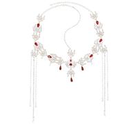 Vestamore Elegant Wedding Hair Accessories For Brides, Red Water Drop Gem Tassel Headband With Pearl Chain And Crystal Embellishments