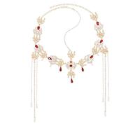 Vestamore Elegant Wedding Hair Accessories For Brides, Tassel Headband With Red Water Drop Gem, Pearl Chain & Crystal Details, Chic Bridal Headpiece For Weddings And Special Events