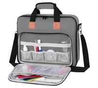 Vestamore Embroidery Organizer Bag, Black with Orange Leather Accents, Water-Resistant, 15.25 x 12.5 x 3 Inches, with Adjustable Shoulder Strap, 2 Handles, and Multiple Pockets for Tools