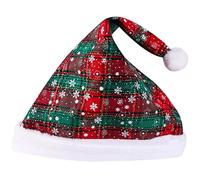 Vestamore Extra Thick Plush Santa Hat, Red And Green Plaid With Snowflakes, Holiday Hat For Adults And Kids, 14.8 X 11.6 Inches With White Trim