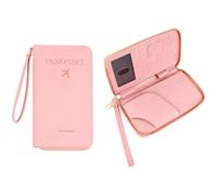 Vestamore Passport Holder, Document Organizer Clutch Bag with Gold Zipper, Pink PU Leather Credit Card Case Cover Travel Wallet for International Travel, Business Trips, Women