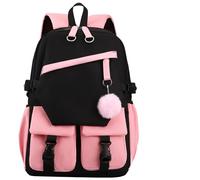 Vestamore School Backpack for Teenage Girls, Bookbag Daypack, Lightweight 1.5 lb / 0.68 kg, Fashionable Black & Pink Design, with Cute Pom Pom