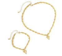 Vestamore Sweet Puffy Love Heart Pendant, Gold Tone Beaded Necklace Bracelet Set, Cute Adaptable Gift For Women'S Birthday, Anniversary With Lightweight Alloy Jewelry