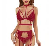 Vestido Corsé Negro Summer Women's Sexy Lingerie Set Garter Belt Lace Bodysuit Teddy Baby Dolls Panty with Stockings Tight Hollow Out Lingerie J-747 Wine S