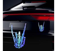 Vesvory 2pcs Rock on Hand Stickers for Cars, Halloween Skeleton Hands Rock and Roll Gesture Vinyl Sticker Rocker Decals Die Cut Waterproof Rockin Decal Decor for Vehicle Auto Home, Rainbow Laser Blue