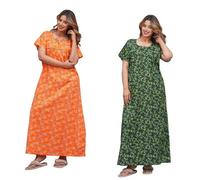 Vetali Export Pack of 2 Women's Cotton Nighty - Soft Printed Maxi Nightwear Dress, Lightweight & Comfortable Summer Sleepwear (Orange - Green, XL)