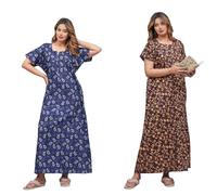 Vetali Export Pack of 2 Women's Cotton Nighty - Soft Printed Maxi Nightwear Dress, Lightweight & Comfortable Summer Sleepwear (Blue - Brown, One Size)