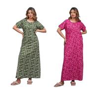 Vetali Export Pack of 2 Women's Cotton Nighty - Soft Printed Maxi Nightwear Dress, Lightweight & Comfortable Summer Sleepwear (Green - Pink, XL)