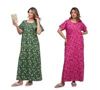 Vetali Export Women's Cotton Nightdress Pack of 2 - Breathable Printed Maxi Nightwear for Summer, Soft & Relaxed Fit Nighty Maxi Gown (Green - Pink, XL)