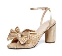 VETASTE Women's Bow Knot Heeled Sandals Bridal Wedding Open Toe Ankle Strap Chunky Heels, Gold, 7 UK
