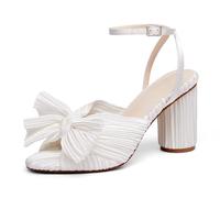 VETASTE Women's Bow Knot Heeled Sandals Bridal Wedding Open Toe Ankle Strap Chunky Heels, White, 5 UK