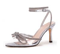 VETASTE Women's Double Bow Pointed Toe Ankle Strap Crystal Pumps Wedding Bridal Party Stilettos Backless Satin Heeled Sandals, Transparent, 9.5
