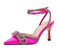 VETASTE Women's Double Bow Pointed Toe Ankle Strap Crystal Pumps Wedding Bridal Party Stilettos Backless Satin Heeled Sandals, Rose Red, 5.5 UK