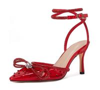 VETASTE Women's Double Bow Pointed Toe Ankle Strap Crystal Pumps Wedding Bridal Party Stilettos Backless Satin Heeled Sandals, Red, 8 UK