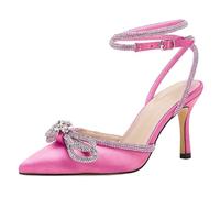 VETASTE Women's Double Bow Pointed Toe Ankle Strap Crystal Pumps Wedding Bridal Party Stilettos Backless Satin Heeled Sandals, Pink, 8 UK