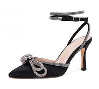 VETASTE Women's Double Bow Pointed Toe Ankle Strap Crystal Pumps Wedding Bridal Party Stilettos Backless Satin Heeled Sandals, Black, 5 UK