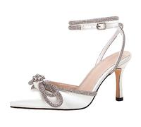 VETASTE Women's Double Bow Pointed Toe Ankle Strap Crystal Pumps Wedding Bridal Party Stilettos Backless Satin Heeled Sandals, White, 4.5 UK