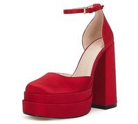 VETASTE Womens Platform Chunky High Block Heels Ankle Strap Party Wedding Dress Pumps Shoes, Red, 4.5 UK