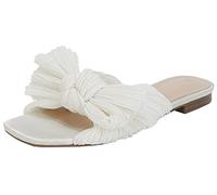 VETASTE Women's Pleated Bow Flat Sandals Open Square Toe Slip on Slide Sandals, White, 4.5 UK