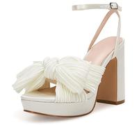 VETASTE Women's Pleated Bow Knot Platform Heeled Sandals Open Toe Chunky Block Heel Ankle Buckle Strap Bridal Wedding Dress Shoes, White, 5 UK