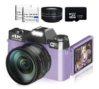 VETEK Digital Cameras for Photography, 4K 48MP Vlogging Camera, 16X Digital Zoom, Manual Focus, Rechargeable, Compact Camera with 52mm Wide-Angle & Macro Lens, 32G TF Card and 2 Batteries (Purple)
