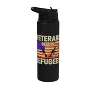 Veterans Before Refugees Patriotic American Flag Military Stainless Steel Insulated Water Bottle
