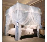 VETHIN 4 Corner Post Ruffle Princess Bed Canopy Curtain, 4 Openings Mosquito Net for Girls Adults Bedroom Decoration (Grey/White, 119.4 cm W x 198.1 cm L x 208.3 cm H/D) Win)