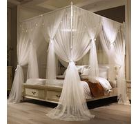 VETHIN 4 Corners Post Princess Bed Canopy Curtain Double Layer Cozy Drape Netting 4 Opening Mosquito Net for Girls & Adults Bedroom Decoration Accessories (Double White, 53" W*78" L*82"*H/(Full))