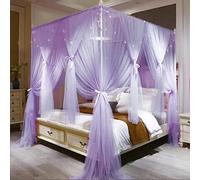 VETHIN 4 Corners Post Princess Bed Canopy Curtain Double Layer Cozy Drape Netting 4 Opening Mosquito Net for & Bedroom Decor Accessories (Double Purple,64'' Wx82'' Lx82''xH/(Queen)) (JQ-CFX-23)