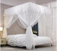 VETHIN 4 Corners Post Ruffle Princess Bed Canopy Curtain-Double Layer Cozy Drape Netting 4 Opening Mosquito Net for Girls Adults Bedroom Decoration (White/White, 59" W*82" L*82"*H/(Queen))
