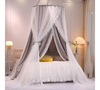 VETHIN Double Layer Princess Round Dome Canopy Bed Curtain for Girls Adults,Children Dreamy Mosquito Net,Cute Bedroom Decoration Castle Play Tent Reading Nook Canopies(Dome-Grey/White)