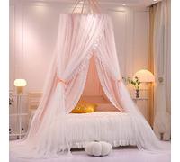 VETHIN Double Layer Princess Round Dome Canopy Bed Curtain for Girls Adults,Children Dreamy Mosquito Net,Cute Bedroom Decoration Castle Play Tent Reading Nook Canopies(Dome-Pink/White)