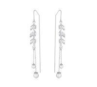 Vetieeimo Long Pearl Dangle Earrings with Cubic Zirconia Hook Threader Earrings for Bride Bridesmaid Wedding Prom, Small, Copper, Cubic Zirconia Pearl