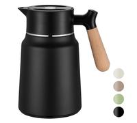 VETIN 1.5 L Thermos Flask, 304 Stainless Steel, Double-Walled Vacuum Insulation, Coffee Pot with Wood Effect Handle, Insulated Jug for 12 Hours Heat / 18 Hours Cold (Black)
