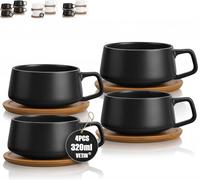 VETIN Set of 4 Black Marble Ceramic Cappuccino Cups with Saucer, 300 ml Capacity, Keeps Warm for a Long Time, Dishwasher Safe