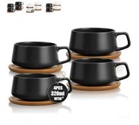 VETIN Set of 4 Cappuccino Cups with Saucer, 300 ml Ceramic Coffee Cups, High-Quality and Thick-Walled Coffee Mugs, Keeps Warm for a Long Time, Dishwasher Safe, Black Collection