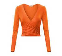 VETIOR Women's Sexy Deep V Neck Short Sleeve Unique Slim Fit Cross Wrap Shirts Crop Tops Going Out Tops, Orange-2, L