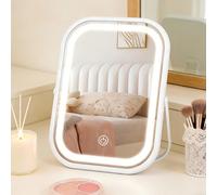 VETIVAGE Portable Makeup Vanity Mirror with Lights 21 x 16cm Rechargeable Tabletop Dressing Lighted Mirror with 3 Color Dimmable LED Lighting 1200mAh battery Touch Control for Travel/Bedroom
